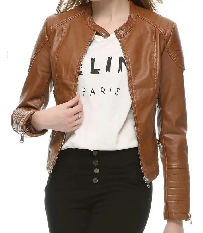Womens Brown Slimming Moto Leather Jacket - MovieStarJacket