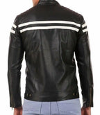 Mens White Stripes Black Moto Leather Jacket - MovieStarJacket