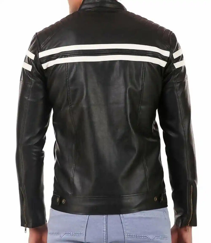 Mens White Stripes Black Moto Leather Jacket - MovieStarJacket