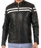 Mens White Stripes Black Moto Leather Jacket - MovieStarJacket