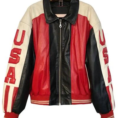 Unisex USA Patriotic Bomber Leather Jacket