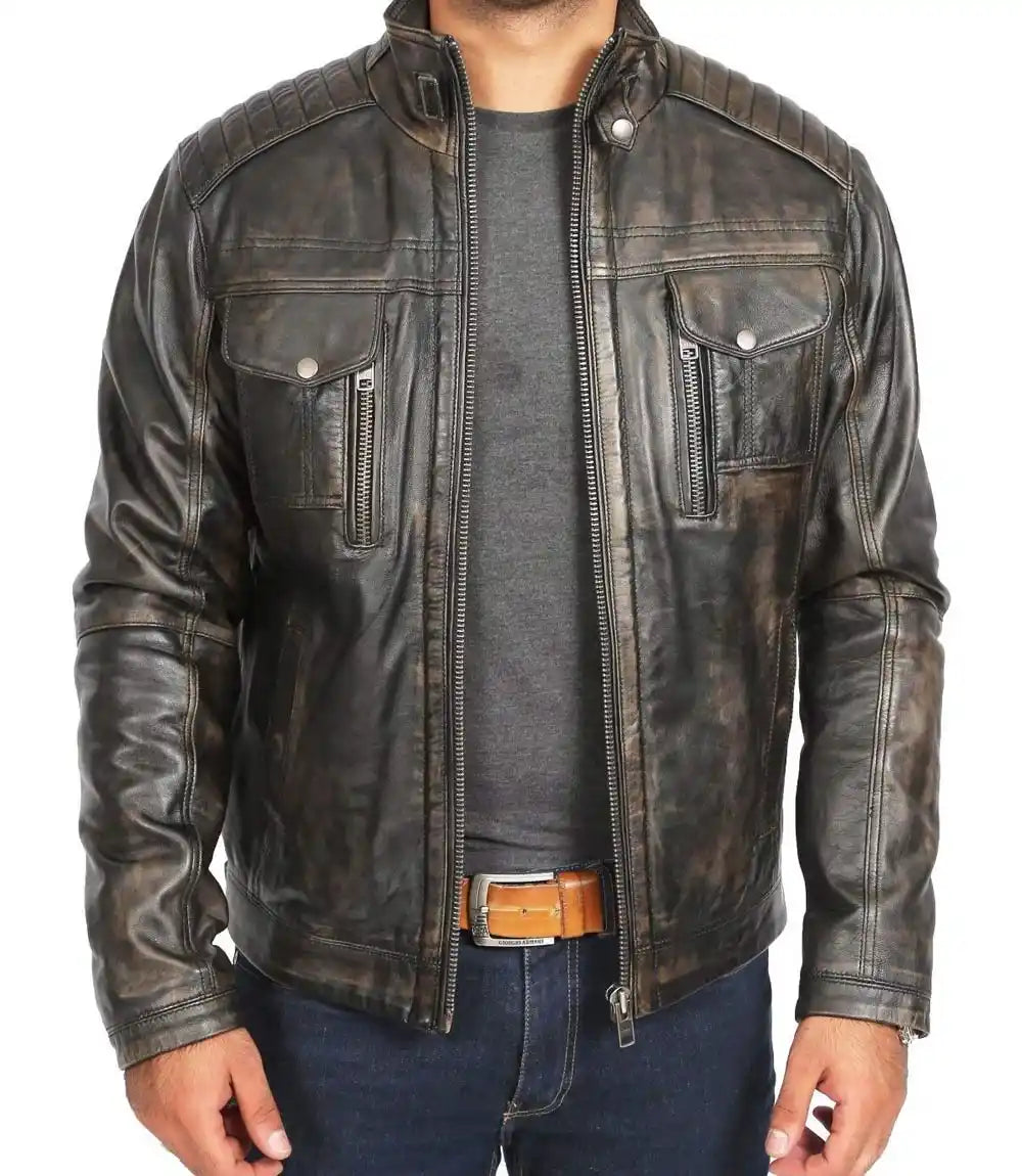 Mens Retro Distressed Brown Biker Leather Jacket - MovieStarJacket