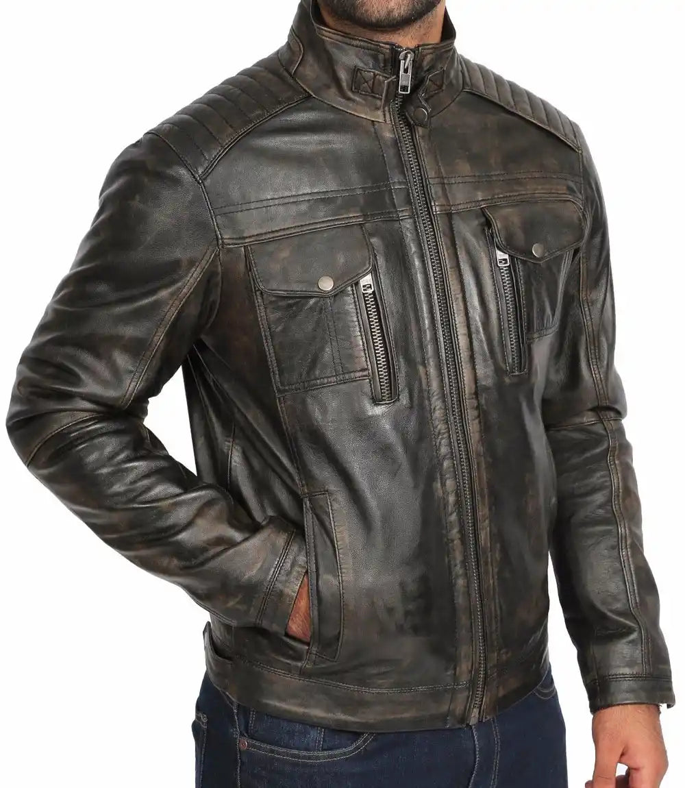 Mens Retro Distressed Brown Biker Leather Jacket - MovieStarJacket