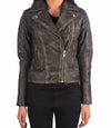 Womens Petite Moto Distressed Brown Leather Jacket - MovieStarJacket
