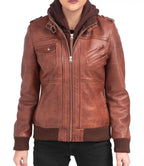 Womens Genuine Leather Bomber Jacket With Hood - MovieStarJacket