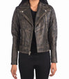 Womens Petite Moto Distressed Brown Leather Jacket - MovieStarJacket