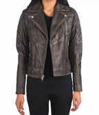 Womens Petite Moto Distressed Brown Leather Jacket - MovieStarJacket