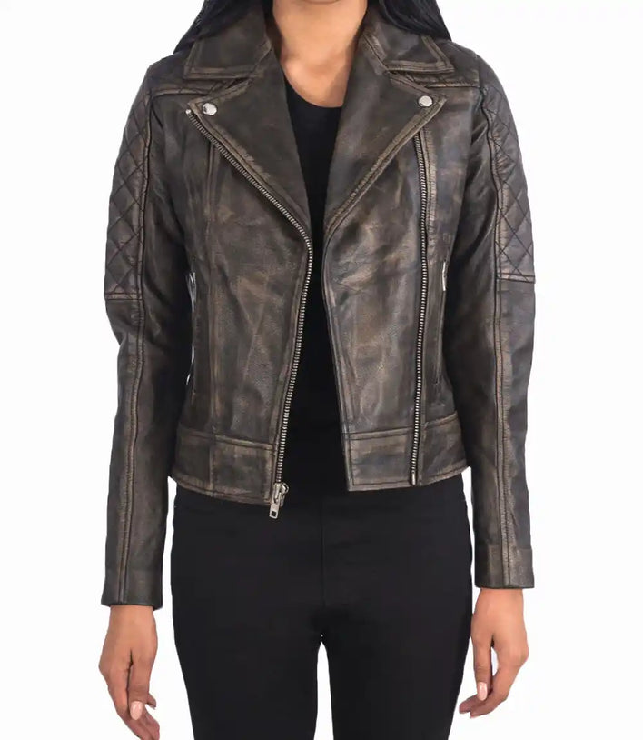 Womens Petite Moto Distressed Brown Leather Jacket - MovieStarJacket