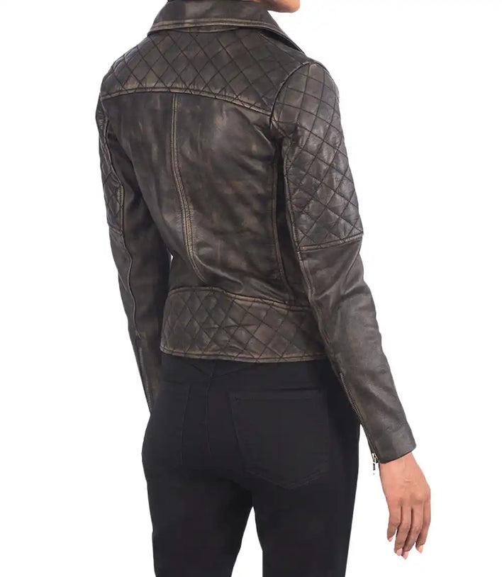 Womens Petite Moto Distressed Brown Leather Jacket - MovieStarJacket