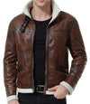Mens Shearling Moto Brown Sherpa Leather Jacket - MovieStarJacket