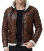 Mens Shearling Moto Brown Sherpa Leather Jacket - MovieStarJacket