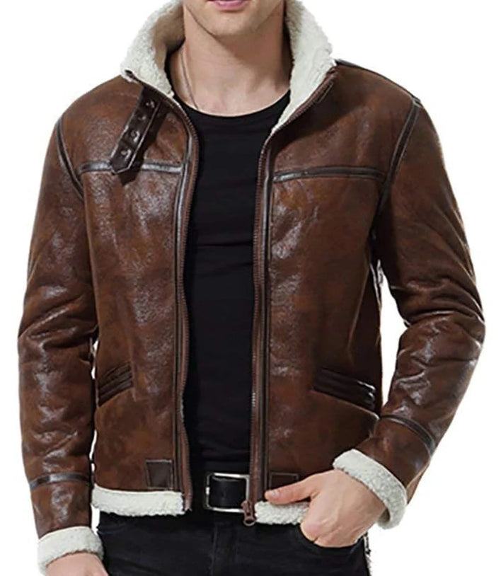 Mens Shearling Moto Brown Sherpa Leather Jacket - MovieStarJacket