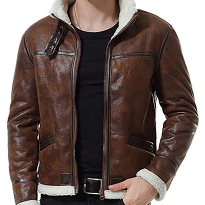 Mens Shearling Moto Brown Sherpa Leather Jacket