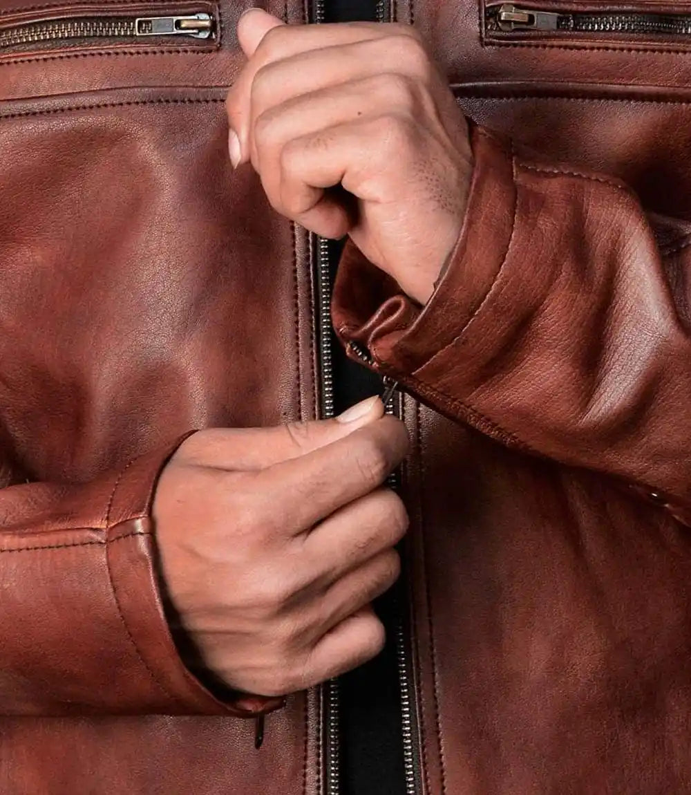 Distressed Brown Perforated Cafe Racer Leather Jacket - MovieStarJacket
