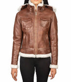 Distressed Brown Women Hooded Leather Jacket - MovieStarJacket