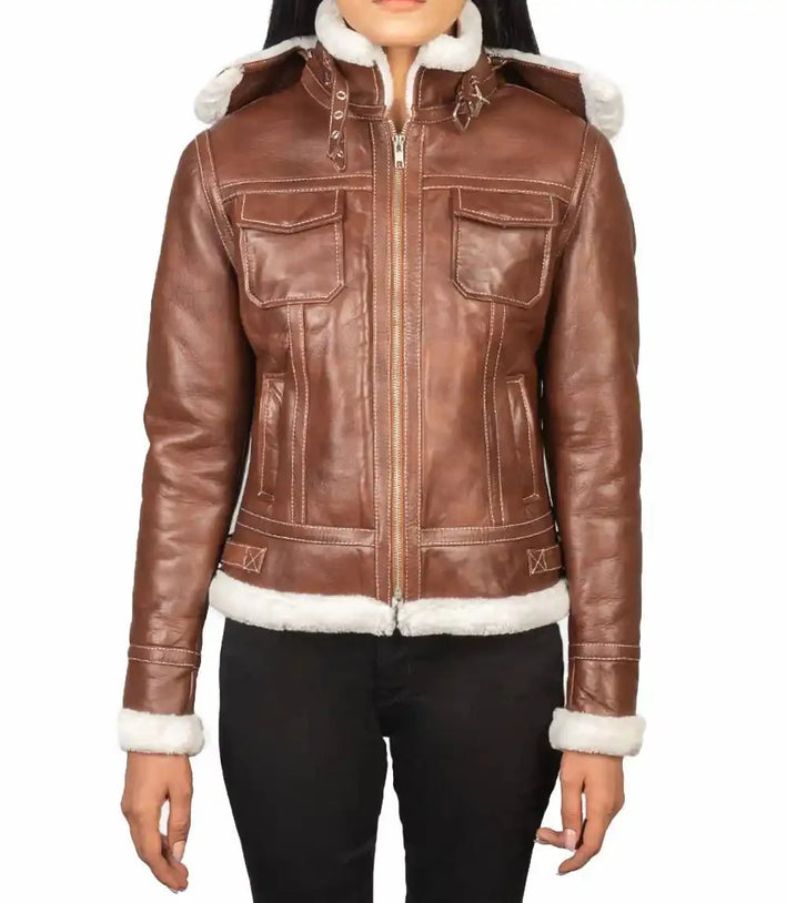 Distressed Brown Women Hooded Leather Jacket - MovieStarJacket