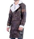 Brown leather coat with white fur lining on a white background