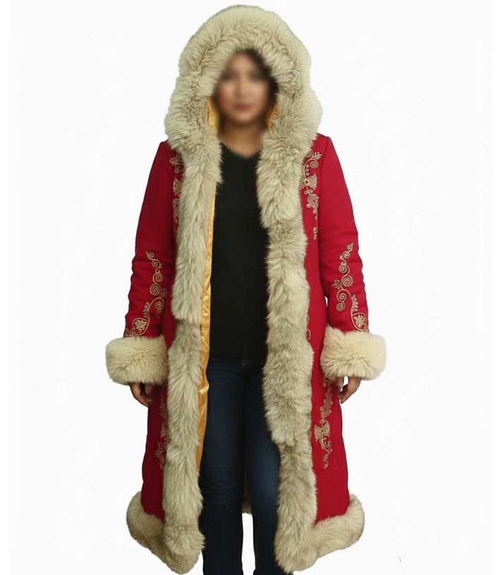 Luxury Red Christmas Coat For Women with Golden Scrollwork - MovieStarJacket