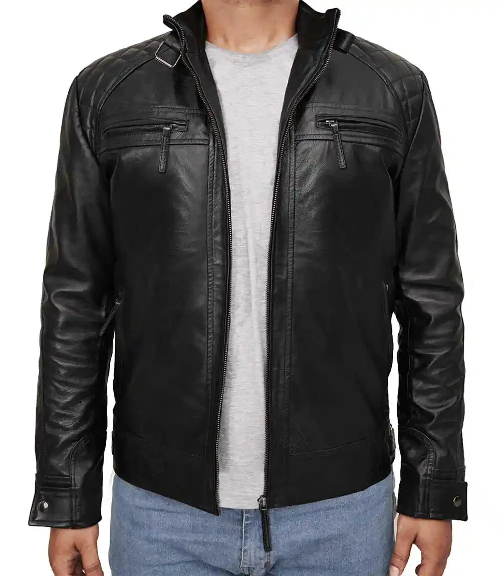 Mens Black Biker Cropped Leather Moto Jacket - MovieStarJacket