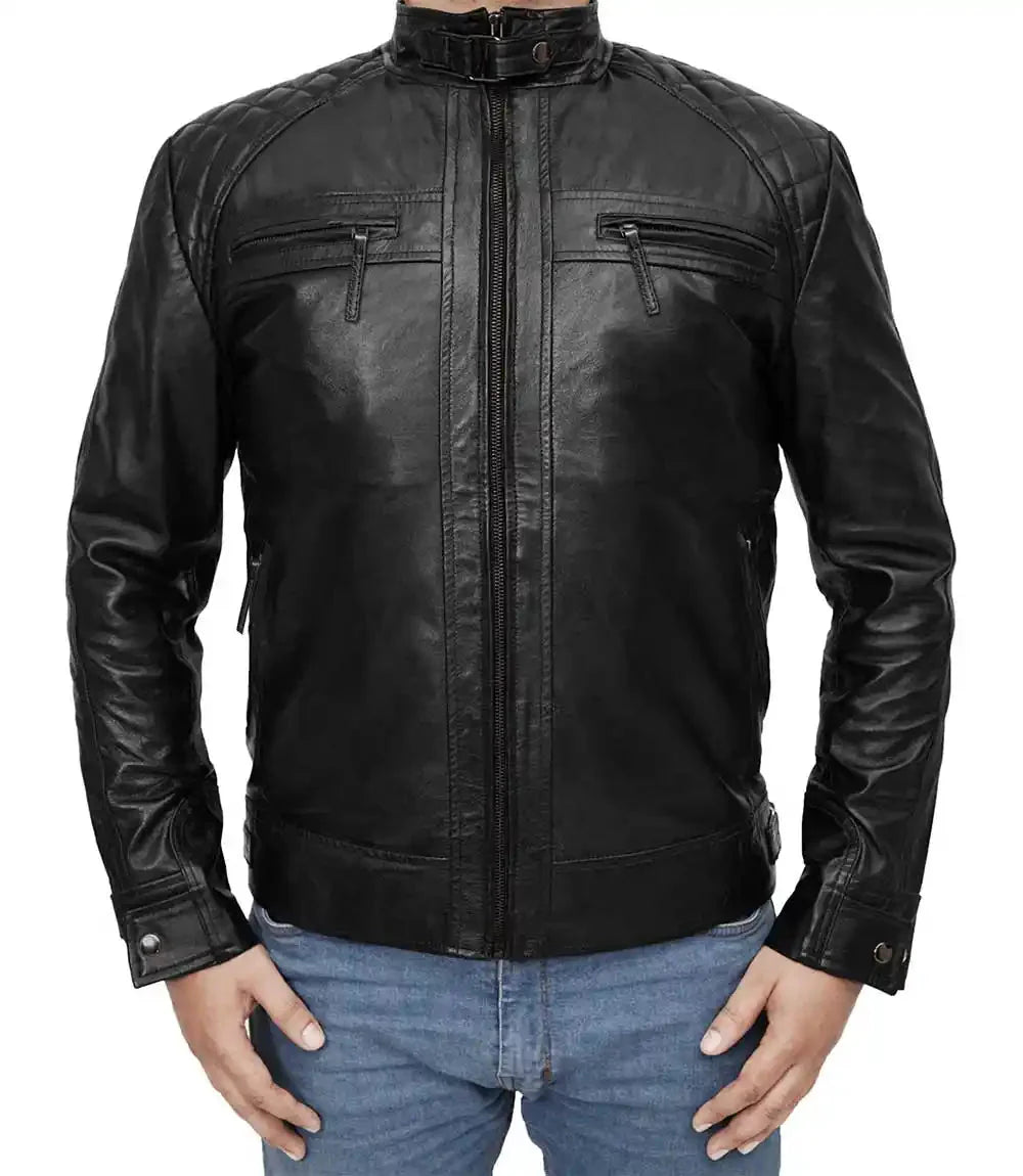 Mens Black Biker Cropped Leather Moto Jacket - MovieStarJacket