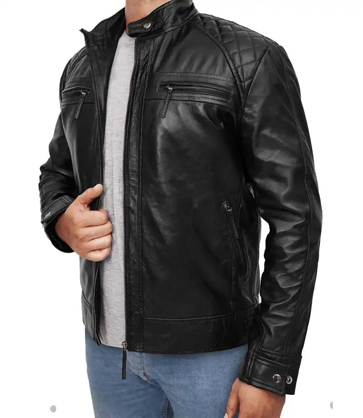 Mens Black Biker Cropped Leather Moto Jacket - MovieStarJacket