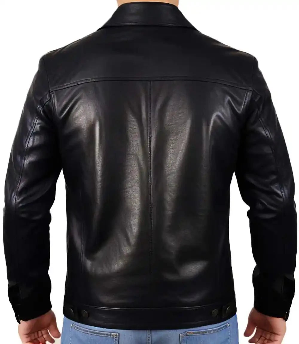 Mens Black Lambskin Trucker Leather Jacket - MovieStarJacket