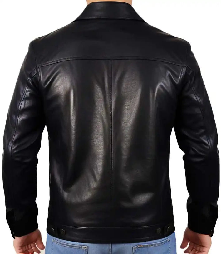 Mens Black Lambskin Trucker Leather Jacket - MovieStarJacket