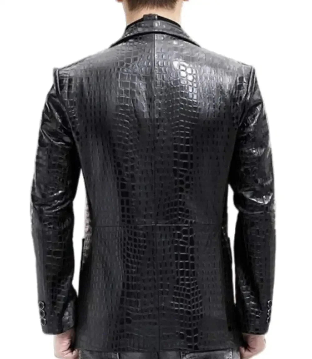 Mens Black Leather Alligator Texture Blazer Coat - MovieStarJacket