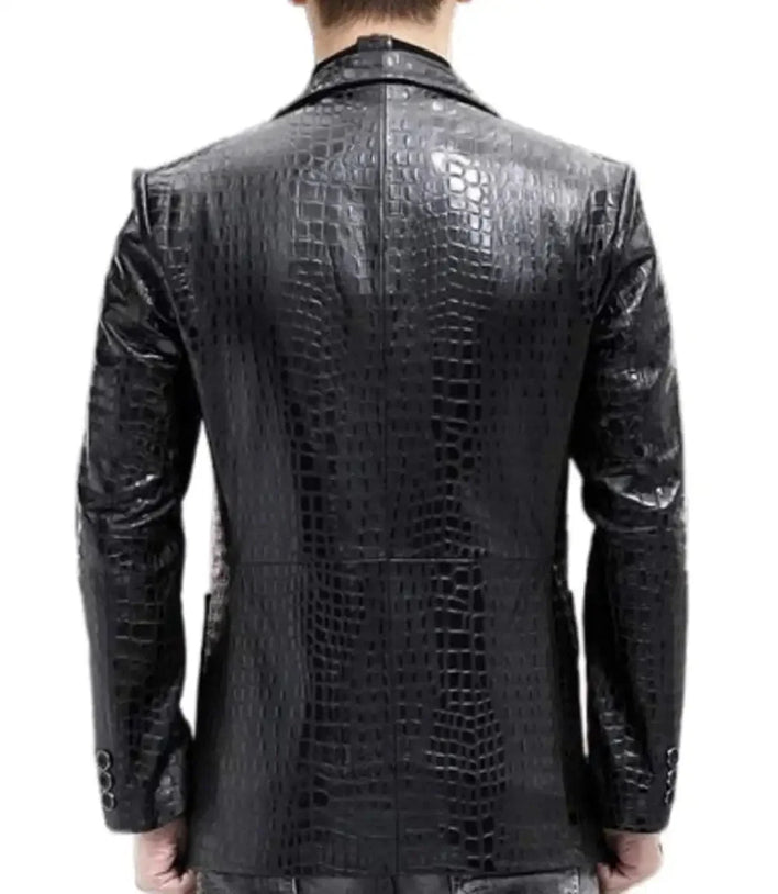 Mens Black Leather Alligator Texture Blazer Coat - MovieStarJacket