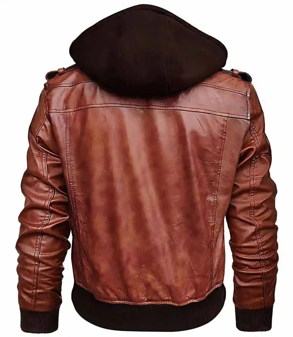 Mens Brown Waxed Leather Bomber Jacket With Hood - MovieStarJacket