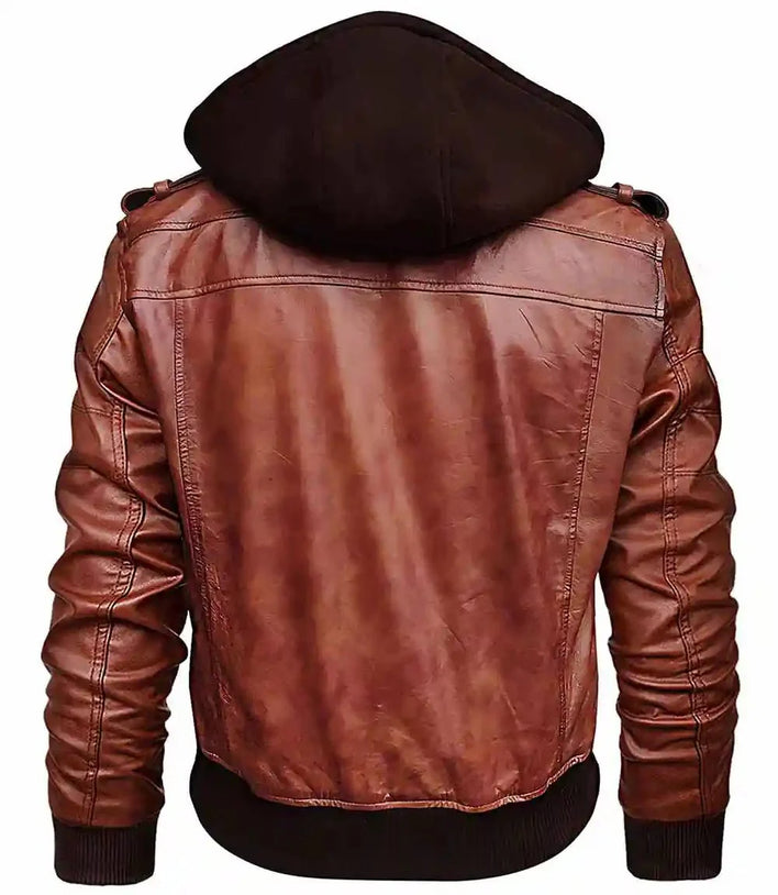 Mens Brown Waxed Leather Bomber Jacket With Hood - MovieStarJacket