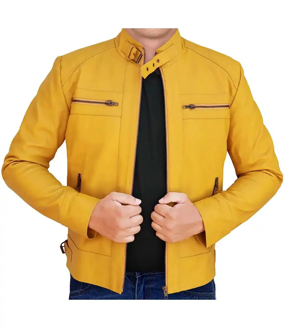 Mens Cropped Yellow Leather Moto Jacket - MovieStarJacket
