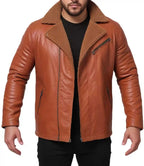 Mens Sherpa Lined Tan Leather Motorcycle Jacket - MovieStarJacket