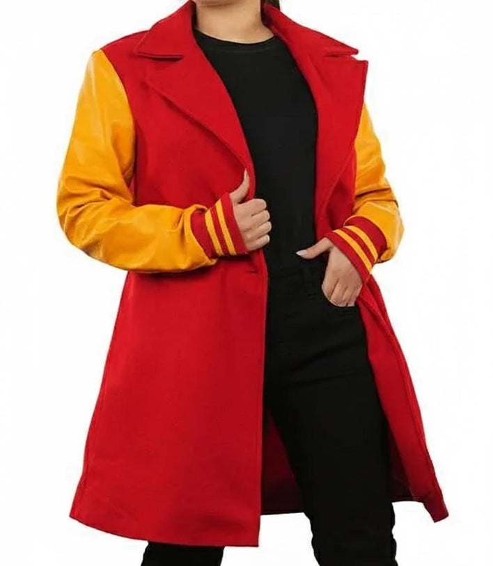 Two - Tone Yellow & Red Wool Blend Trench Coat - MovieStarJacket