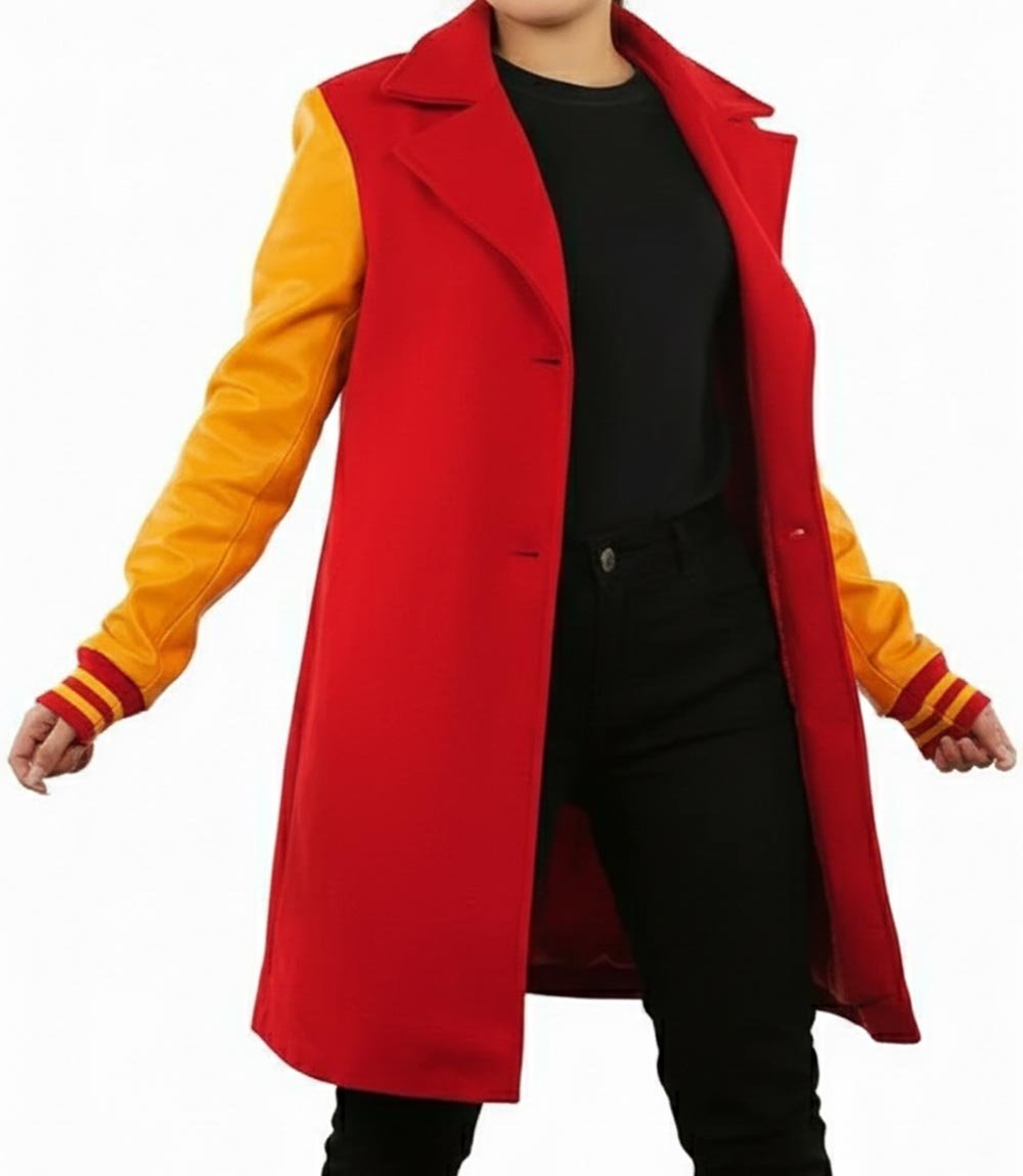 Two - Tone Yellow & Red Wool Blend Trench Coat - MovieStarJacket