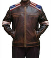 Brown Distressed Leather Moto Jacket USA Flag for Sale

