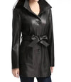 Women Black Belted Long Leather Jacket - MovieStarJacket