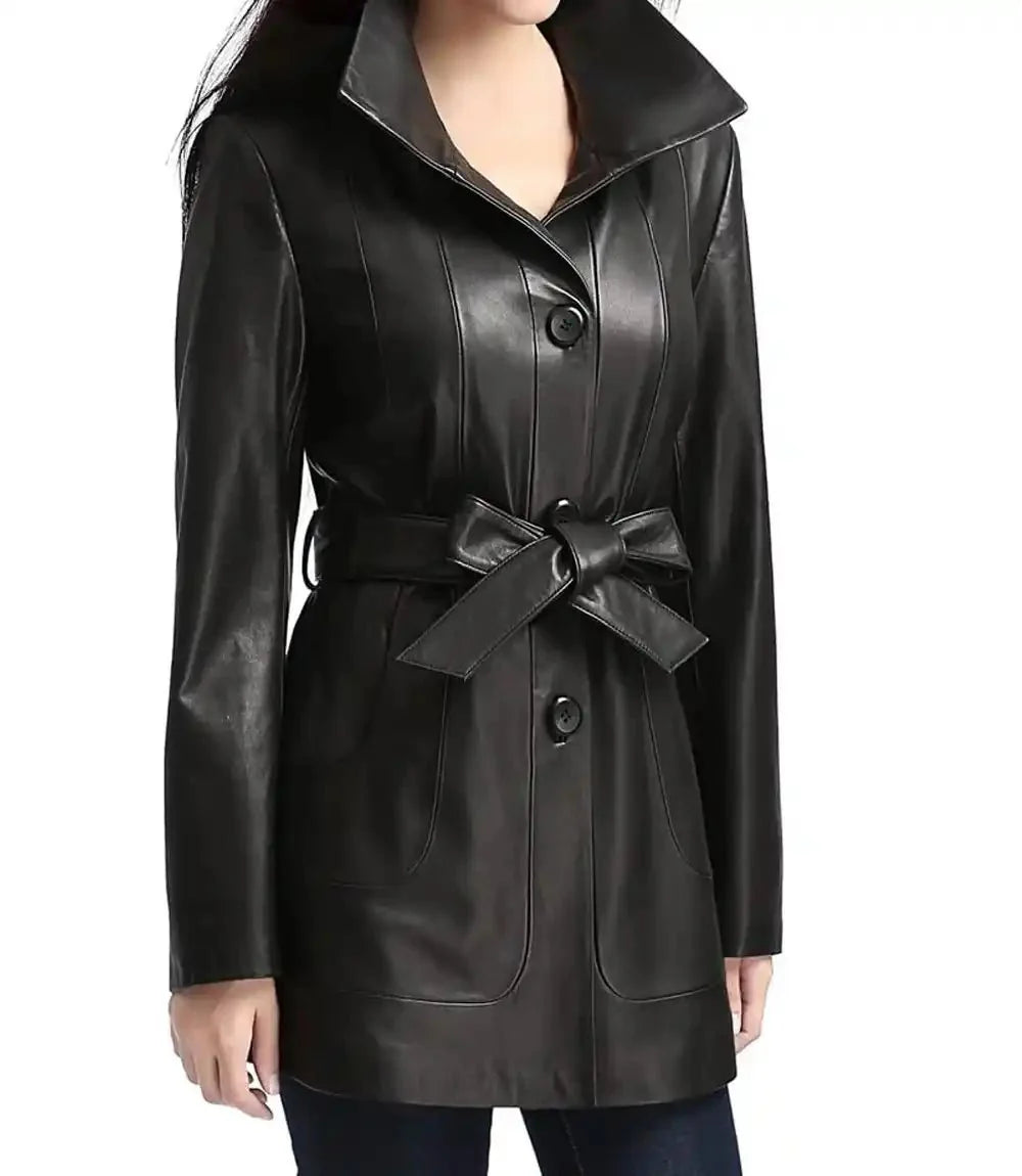 Women Black Belted Long Leather Jacket - MovieStarJacket