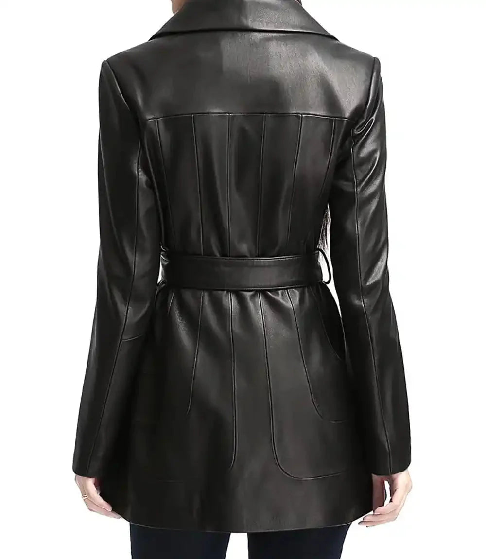 Women Black Belted Long Leather Jacket - MovieStarJacket