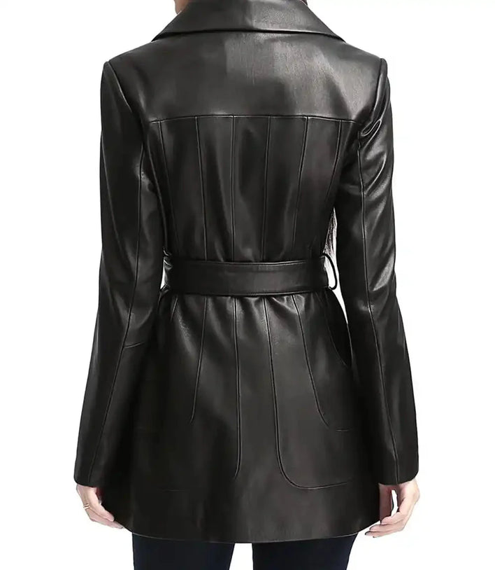 Women Black Belted Long Leather Jacket - MovieStarJacket