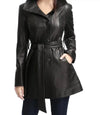 Women Black Belted Long Leather Jacket - MovieStarJacket