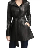 Women Black Belted Long Leather Jacket - MovieStarJacket