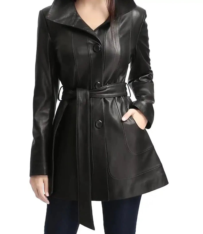 Women Black Belted Long Leather Jacket - MovieStarJacket