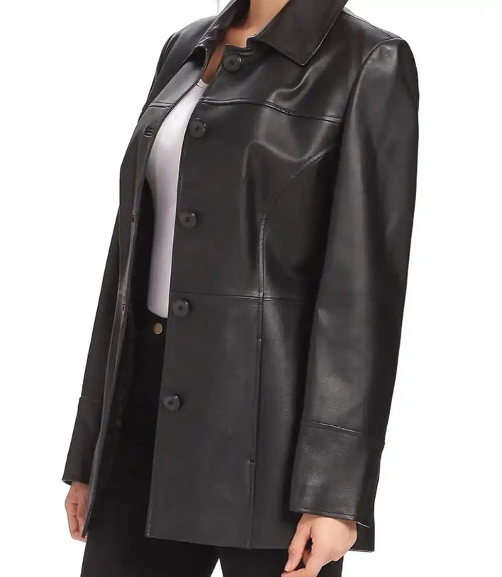 Women Black Leather Ladies Car Coat Jacket - MovieStarJacket