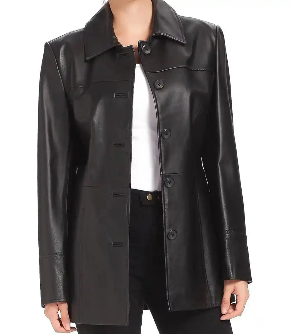 Women Black Leather Ladies Car Coat Jacket - MovieStarJacket