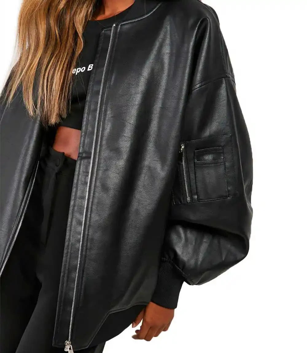 Women Oversized Long Black Leather Jacket - MovieStarJacket