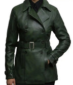 Women Petite Olive Green Leather Long Coat - MovieStarJacket