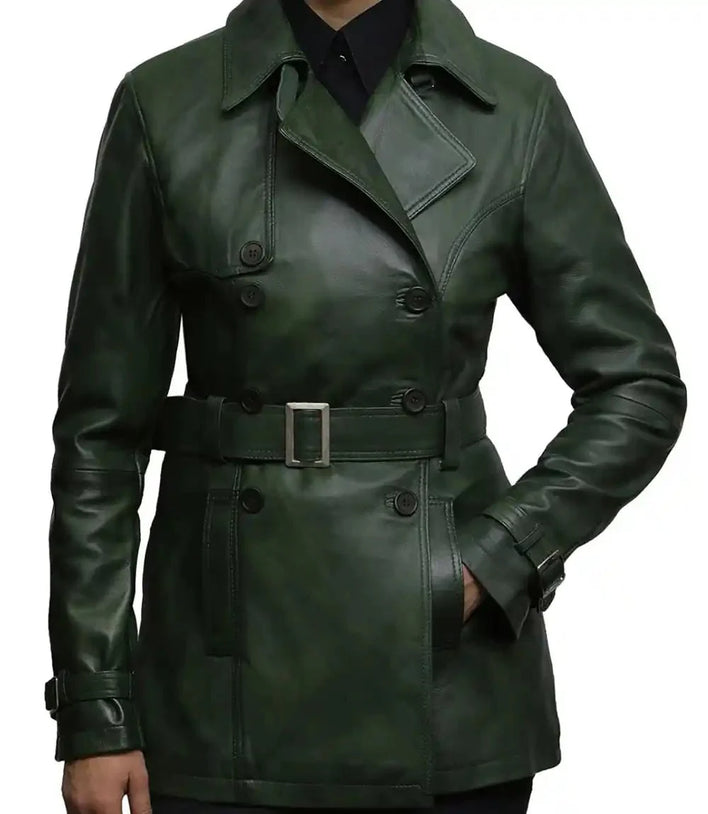 Women Petite Olive Green Leather Long Coat - MovieStarJacket