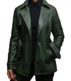Women Petite Olive Green Leather Long Coat - MovieStarJacket