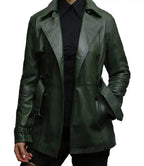 Women Petite Olive Green Leather Long Coat - MovieStarJacket